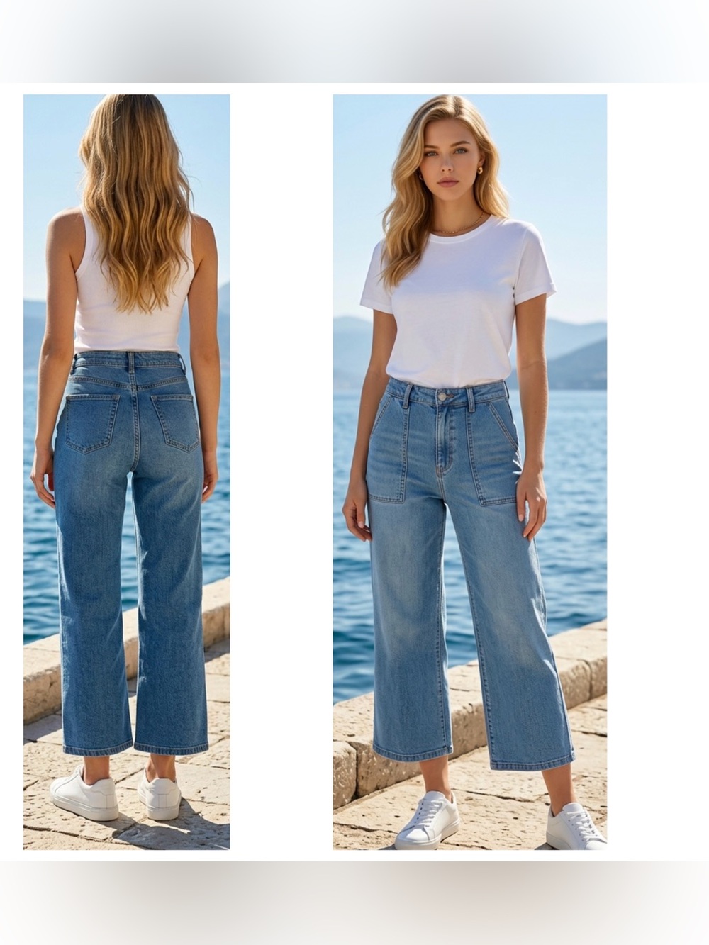Polagram Sz S Cropped High-Rise Wide-Leg Women’s Jeans Lt. Blue Patch pockets